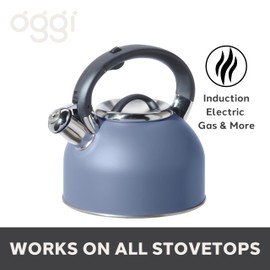 OGGI Tea Kettle for Stove Top - 64oz / 1.9lt, Stainless Steel with Loud Whistle, Ideal Hot Water Kettle and Water Boiler - Blue