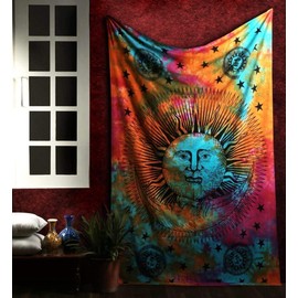 Marubhumi Psychedelic Sun Moon Stars Tie Dye Mandala Tapestry Hippie Hippy Celestial Wall Hanging Indian Trippy Bohemian Tapestries (Multicolor, 54 X 60 Inch)