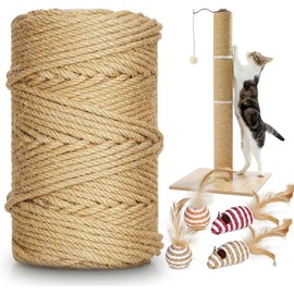 262 ft Sisal Rope for Cat Scratcher, 6mm Thick Rope for Cat Scratch Post, Twine for Cat Scratching Post Replacements, DIY Hemp Twine Rope with 4 Random Colors Mouse Ornaments