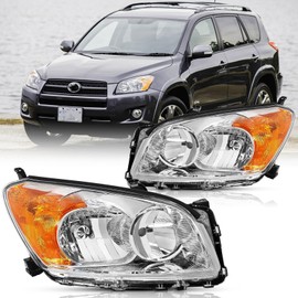 Headlights Assembly Pair Compatible with 2009 2010 2011 2012 Toyota RAV4 Headlamps Replacement Driver & Passenger Side,Chrome Housing Amber Reflector