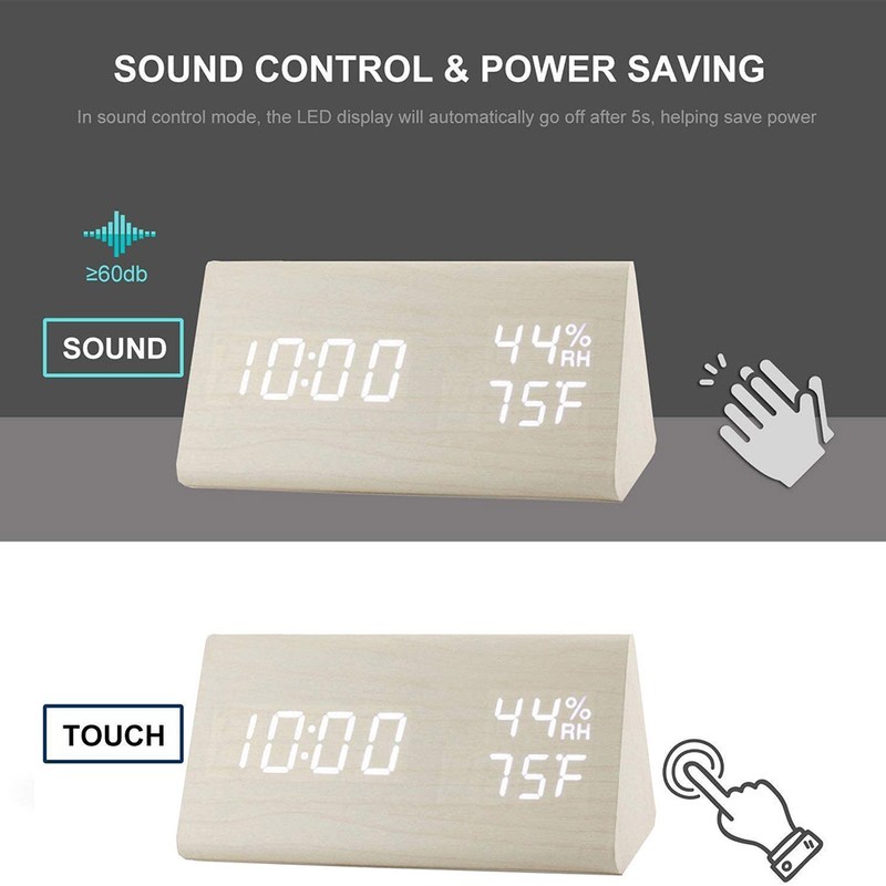Digital Alarm Clock LED Display Sound Control Temperature Humidity Wood