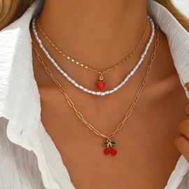 Strawberry Pendant Necklace for Women Multilayer Fruit Strawberry Cherry Necklaces Imitation Pearl Beaded Choker Necklace Cute Strawberry Charms Party Sweet Jewelry Accessories, Large, Resin, No