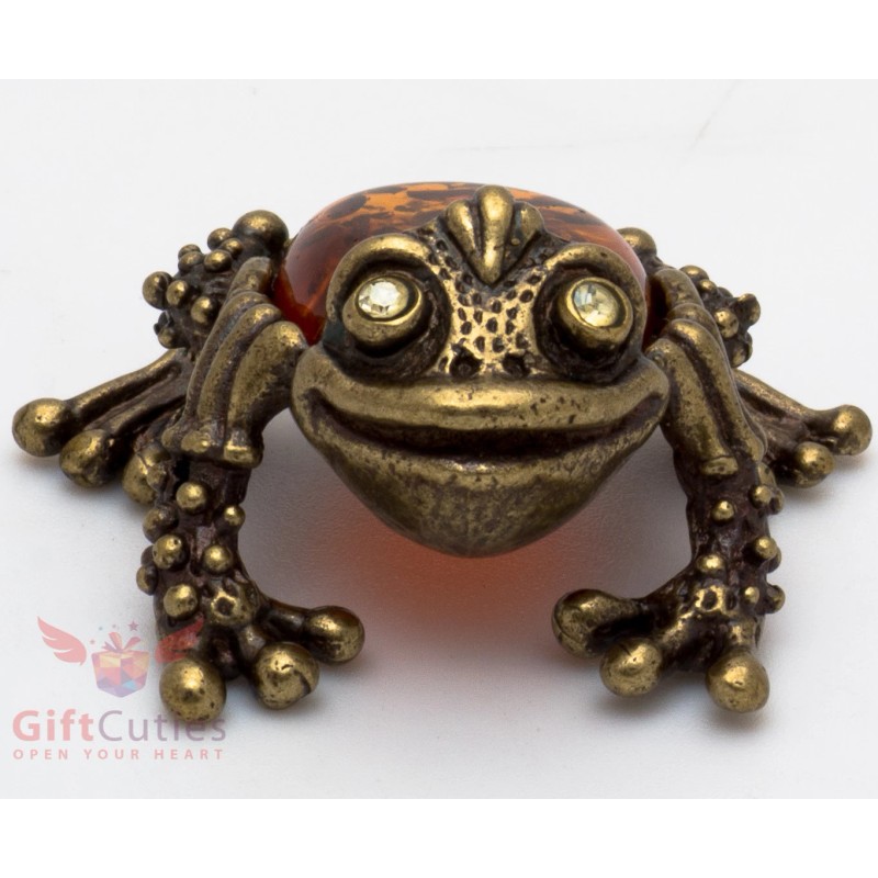 Russian Solid Brass Amber Figurine Feng Shui Frog Toad Totem