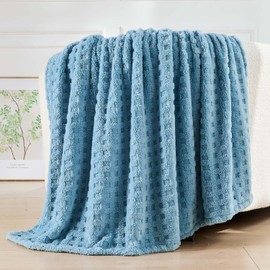 Wajade Fleece Throw Blanket, Fluffy Faux Fur Blanket for Bed Sofa Couch, Soft Warm Thick Blanket,waffle Light Blue-127X178