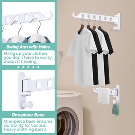 SKIKEN Laundry Drying Rack Wall Mounted - Swing Arm Clothes Hanger with 6-Hole, 180° Rotation Coat Hanger Holder, Foldable Valet Hook for Laundry Closet (2-Pack, White)