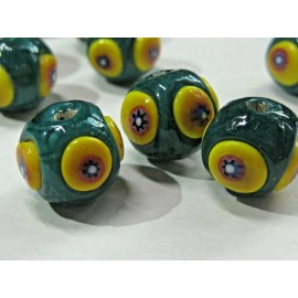 2 Green Round  MURANO Glass Beads 10 mm - 7/16 in w Red and yellow motifs