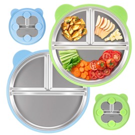 wlertcop 2 Stück Edelstahl Babyteller mit Saugnapf,23cm Edelstahl Teller Baby,Mit Entfernbarer Silikon Saugnapf, Rutschfest Geteilte Standfeste Esslernteller Geteilte Teller BPA Frei (Blau, Grün)
