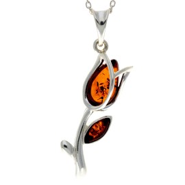 SilverAmber Jewellery - 925 Sterling Silver & Genuine Cognac Baltic Amber Tulip Modern Pendant - GL2033C