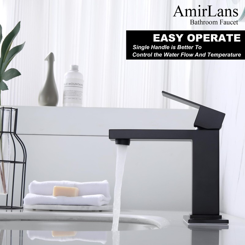 AmirLans Black Faucet Bathroom, Stainless Steel Matte Black Bathroom Faucet