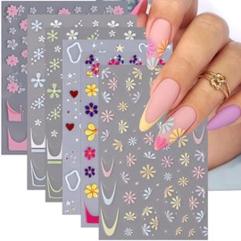 6 Flower Nail Stickers - French Tip, Colorful Daisy Designs, 3D Self-Adhesive Nail Decals for Summer DIY Nail Art Supplies