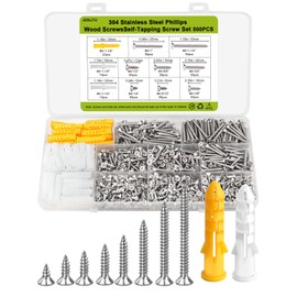 500 Pcs #4 Wood Screws Assortment Kit - 304 Stainless Steel Phillips Drive, 8 Sizes (1/4" to 1-1/4") with 50 M6 Anchors, Salt Spray 1000hrs, for Cabinets, Outdoor Furniture & Toy Models.