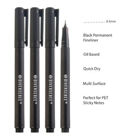 DIVERSEBEE Fine Tip Permanent Pens, 4 Pack Quick Dry Markers, Transparent Sticky Notes Writing Pens, Office School Art Supplies, Black Oil Based Fineliners