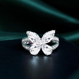 LEXLUNE Birthstone Butterfly Ring For Women, Sterling S925 Silver Ring, Engagement Rings Promise Rings For Her, April Birthstone Cubic Zirconia Ring Size 6