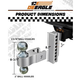 Adjustable Trailer Hitch Ball Mount, Fits 2 inch Receiver, 6 inch Drop/Rise Drop Hitch, 12500LBS GTW, 2” & 2-5/16” Dual Ball, Tow Hitch with Anti-Theft Hitch Locks, Hitch Tightener