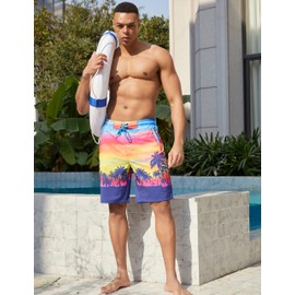 Lxopogk Mens Hawaiian Swim Trunks 9 Inch with Mesh Liner Board Shorts Quick Dry Bathing Suit Beach Swimwear for Men Long Shorts with Zipper Pockets