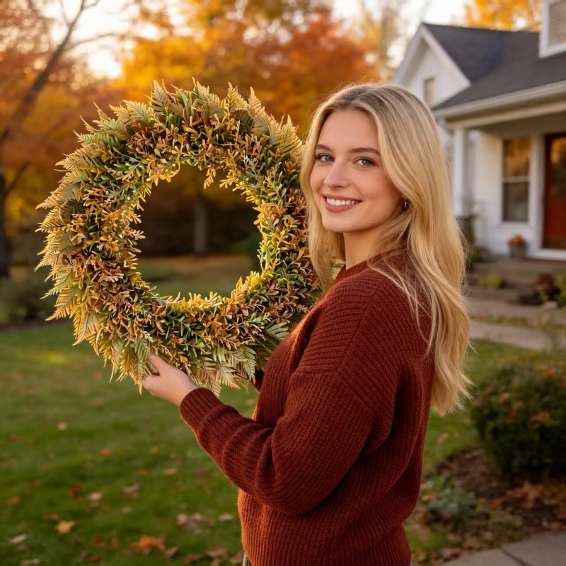 HipTree 18 Inch Fall Fern Eucalyptus Wreath Autumn Front Door