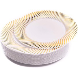 MATANA 60 Premium White Plastic Dessert Plates with Gold Rim, 18cm / 7 Inch - Elegant & Reusable Small Side Plates, Starter Plates for Weddings, Birthdays, Picnic, BBQ, Parties