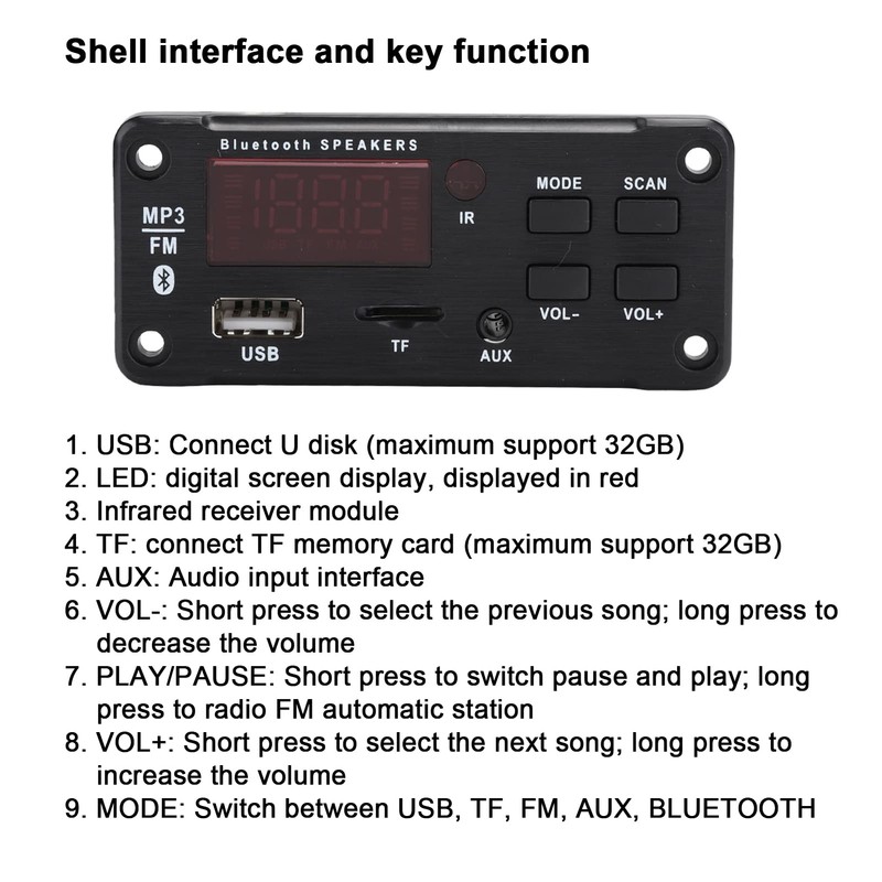 Car Speaker Bluetooth 5.0 Module, Color Screen Display, MP3 WMA
