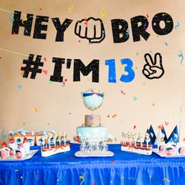 Ushinemi Pre-Strung Glitter 13th Birthday Decorations, NO DIY Hey Bro I’M 13 Banner, Funny 13th Birthday Party Supplies