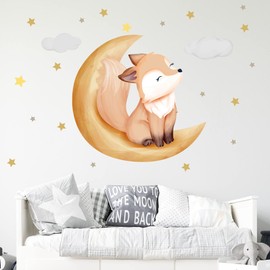 WANDKIND Fox on the Moon Wall Sticker V254 Hand Drawn Sticker Nursery Wall Sticker Children's Room with Clouds and Stars Cloud Sleepy Eyes (40 x 40 cm)