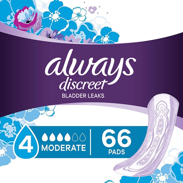 Always Discreet Incontinence Pads for Women, Moderate Absorbency, 198 Count, Regular Length (66 Count, Pack of 3 - 198 Count Total)