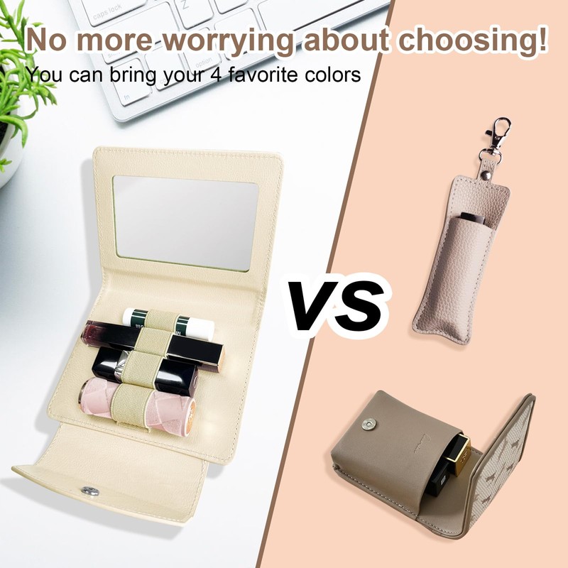 LAOTANGJIA PU Lipstick Case Holder with Mirror,Holds 4pcs of Long