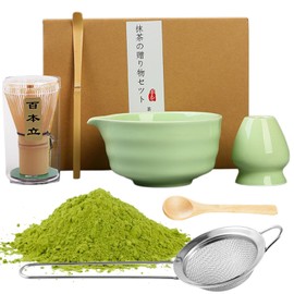 7pcs Matcha Whisk Set,Ceramic Matcha Bowl and Bamboo Matcha Whisk, Scoop, Spoon, Filter, Whisk Holder,Traditional Japanese Ceremony Matcha Tea Making Kit for Starter