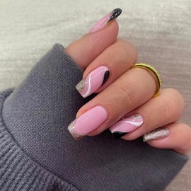 French Tip Press on Nails Pink Acrylic Glossy Fake Nails Medium Length Square Full Cover Glue on Nails Stick on Nails Gold Foil Stripe False Nails with Designs for Women Girls Nail Decorations 24Pcs
