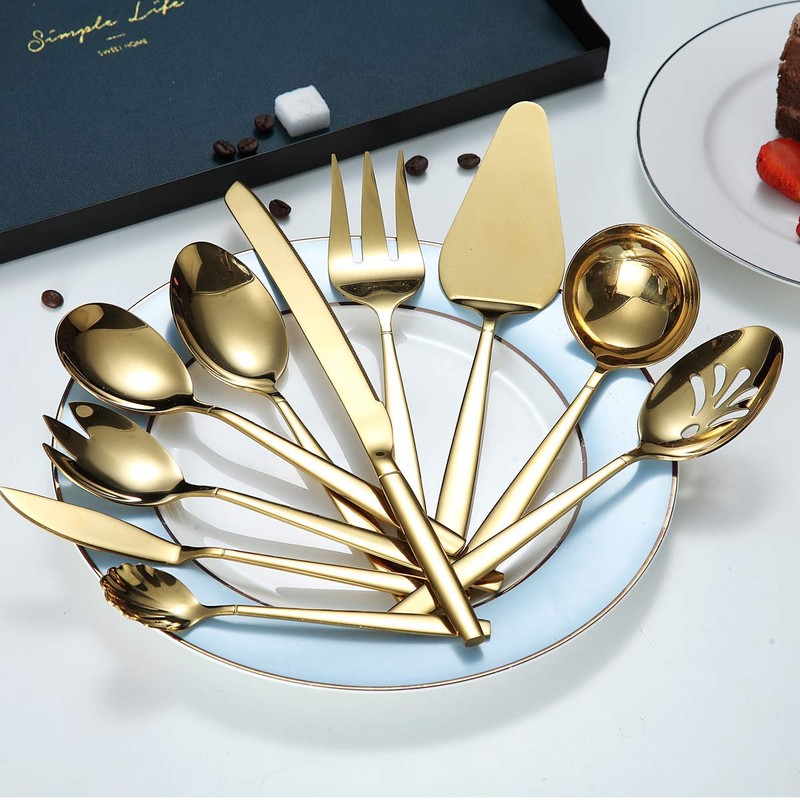 Berglander Gold Serving Utensils 10 Pieces, Titanium Golden Plating Serving