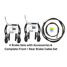 AARNAV BMX MTB Mountain Bike V Brake Set with Cables Caliper Replacement Front and Rear Pull V Brake Accessories for All Bikes (V Brake Set with Accessories & Cables Set)