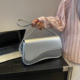 Shoulder Bag for Women Vegan Leather Hobo Handbags Y2K Trendy Saddle Bag Clutch Purse with 2 Removable Strap (Silver)