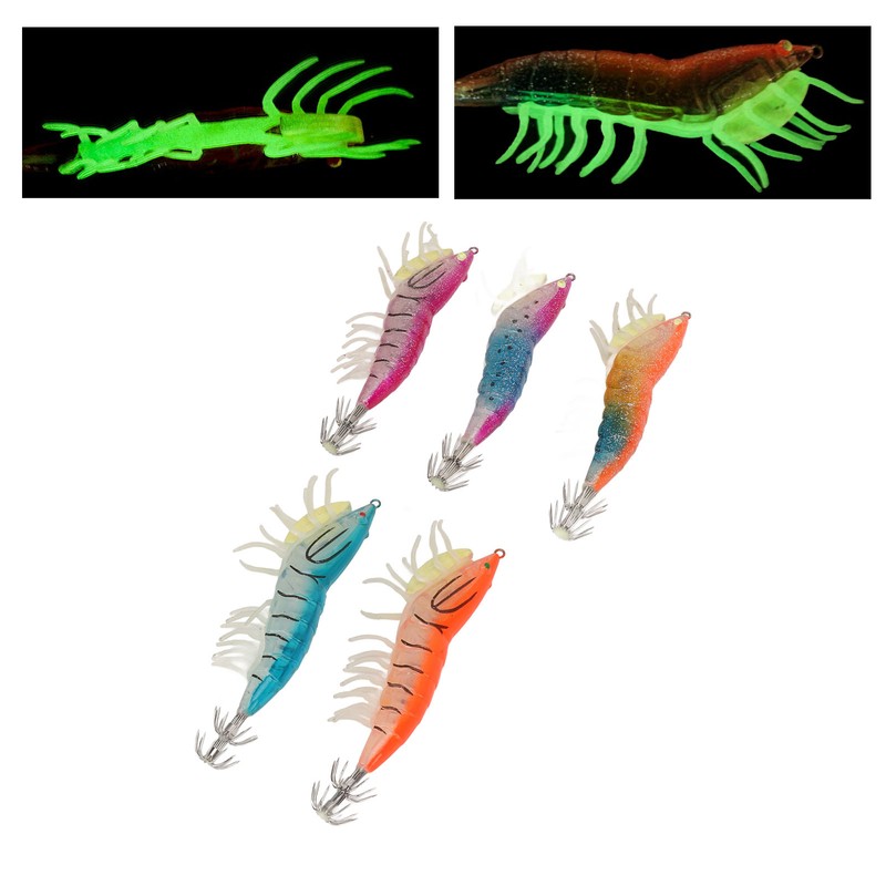 5pcs Wood Shrimp Bait Artificial with Counterweights Double Pileate Hooks