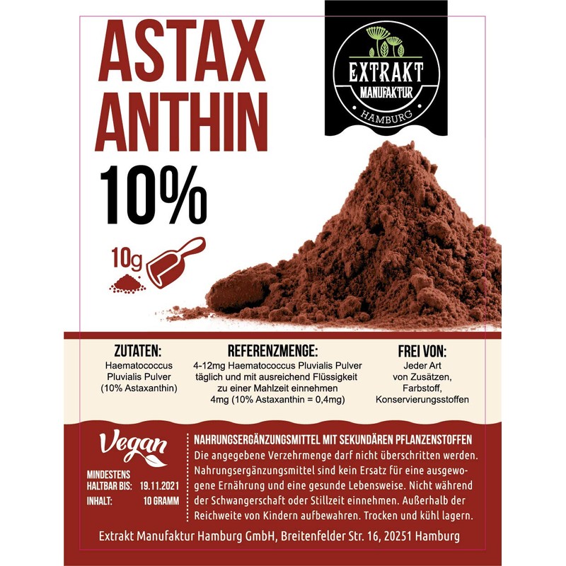 Haematococcus Pluvialis 10 g Powder, 10% Astaxanthin, Vacuumed, Natural, No