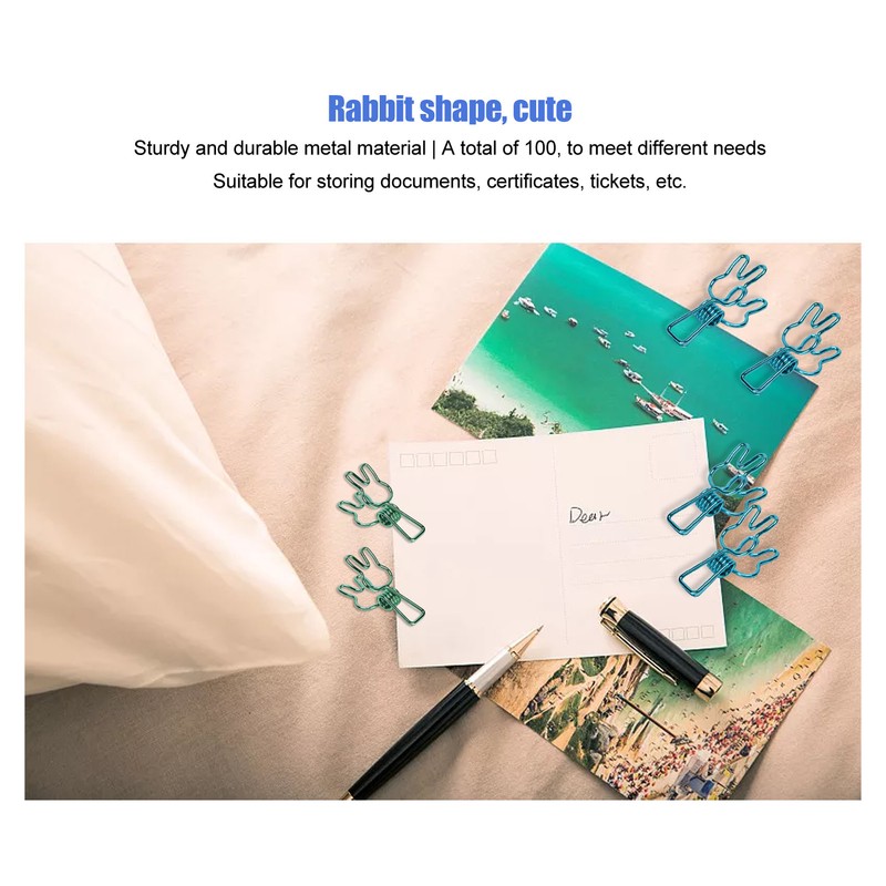 100 Pcs Cute Binder Clips Multipurpose Cartoon Rabbit Shape Blue
