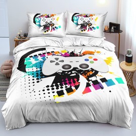 Holiyjog 3D Print Gamepad Duvet Cover Set Gaming Comforter Covers and Pillowcases King Size Black Color Bed Set Gamer Beddings Boy Kid Bedroom Decorations