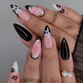 LPOODDNU Black White Press on Nails - Almond Medium French Fake Nails with Flower&Gold Bead Designs, Glossy Finished Reusable False Nails with Glue Tabs - 24Pcs Nail Kit for Women Manicure