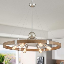XINGQI Wagon Wheel Chandelier Modern Rustic Large Round 6-Lights Nickel & Wood Grain Finish Retro Ceiling Pendant Light Fixture for Dining Room Living Room