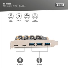 DIGITUS PCIe USB Expansion Card - 2x USB-C - 3x USB A - USB 3.1 Gen2-10 Gbps Data Transfer Rate - No Driver - Plug & Play