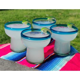 Dos Sueños Mexican Hand Blown Glass – Set of 4 Hand Blown Stemless Aqua Rim Margarita Glasses (14oz)