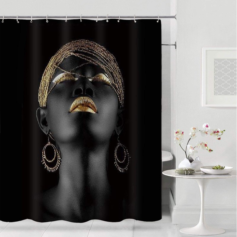 NTETSN Black Afro Girl Shower Curtain, Black Girl Golden Lips