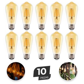 Raganet, 10 Focos Led Ahorradores de Energia de Luz Calida, Focos Vintage en Forma de Bulba, Leds Flamantes 2200K, 110 Volteos, Casquillo E26/E27 Color Ambar