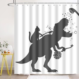 BIYSUC Cat Dinosaur Shower Curtain Funny Cat Help Dino Bathe for Kids Boys Trex Silhouette Shadow Black White Bathroom Waterproof Polyester Fabric 60Wx72L Inch with Hooks
