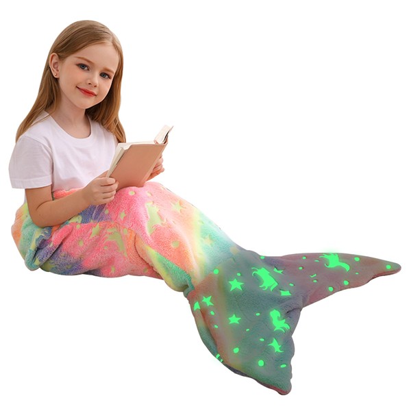 Viviland Children's Mermaid Tail Blanket, Mermaid Tail Blankets Glow in the Dark, Flannel Mermaid Blanket Gifts for Girls, Multicoloured Unicorn 43 x 100 cm