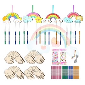 CYCLYTE Wind Chime Craft Set Children, 12 Pieces Rainbow Wooden Wind Chime Crafts for Painting, Double-Sided Decoration for Painting for Girls Boys Children's Birthday Christmas Spring (Rainbow)