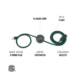 Clear Power Indoor Extension Cord - 9 FT, Green | 3 Outlet, 16/2 SPT-2, with Lighted Footswitch, Perfect for Christmas Lights and Holiday Decorations (CP10028)