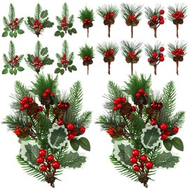 Red Berry Stems Pine Branches Artificial Christmas Picks Floral Pine Cones Faux Stems Spray Christmas Tree Picks Artificial Pine Branches(Vivid,48 Pcs)