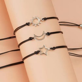 DATOA 3 Pcs Set Sun Moon Star Pinky Promise Bracelets BFF Christmas Birthday Gifts for Women Matching Adjustable Bracelet for Sisters - Silver