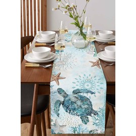 Vintage Sea Turtle Table Runner for Dinning Table 36 Inches Long Summer Ocean Coral Starfish Marine Animals Kitchen Dinning Table Decorations for Party Wedding Home Decor 13" x 36"