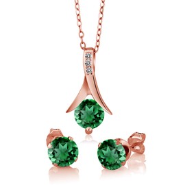 Gem Stone King 18K Rose Gold Plated Silver Simulated Emerald and White Diamond Jewelry Set For Women (2.36 Cttw, with 18 Inch Chain)