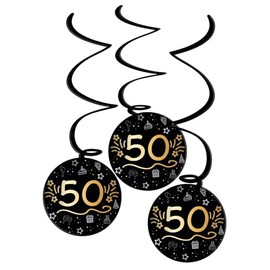 Folat 25063 Party Decoration Black Gold Silver Hanging Decoration 50 Shiny Glam Pack of 3 for Birthday, Anniversary, 50 Years